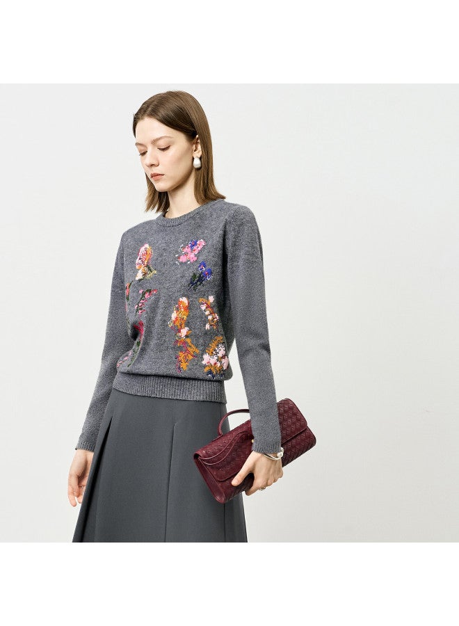Yanyee Long Sleeve Embroidered Knit Sweater Women Autumn Premium Gray Vintage Wool Top Gray M - Image 1