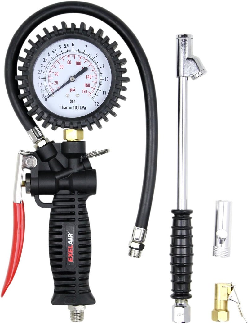 Milton EXELAIR EX536KIT 3-in-1 Professional Analog Pistol Grip Tire Inflator/Deflator Gauge Kit - 16" Hose, Easy-Clip Chuck, Dual Foot Chuck, and Bonus Venturi Tip - 175 PSI - Image 1