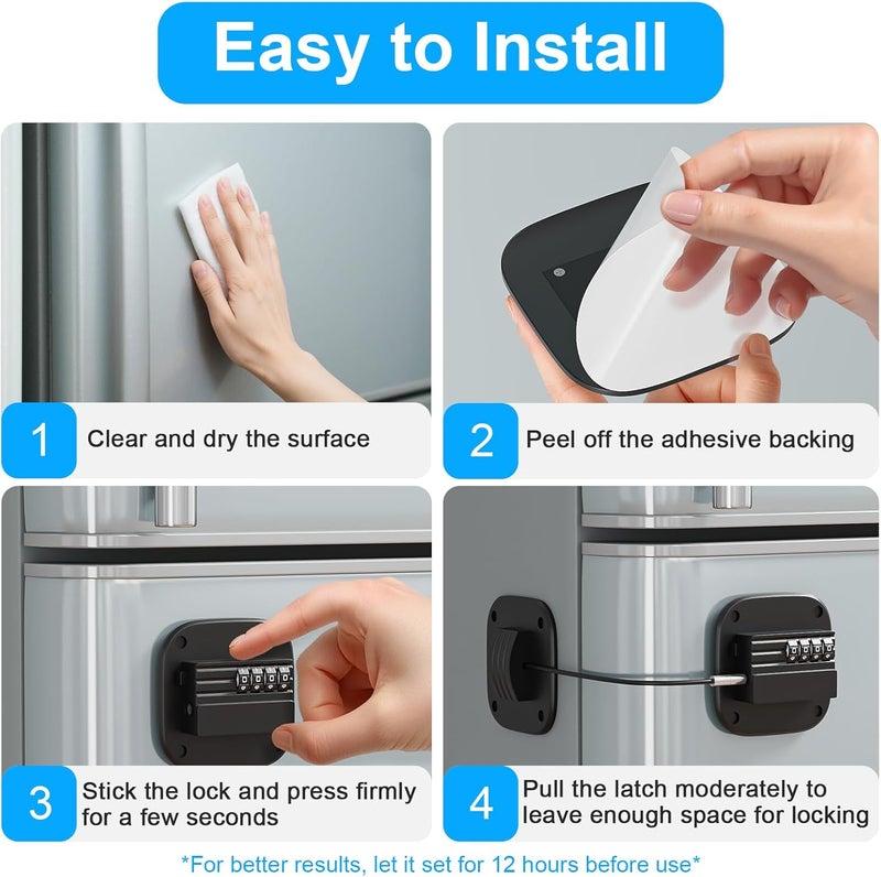 Teraves 2 Pack Fridge Lock with Combination, No Key Required, Upgrade Refrigerator Lock with Adhesive and Screws, Freezer Cabinet Pantry Drawer Latch to Keep Door Closed, for Kids Adults Cats & Dogs, Black - Image 4