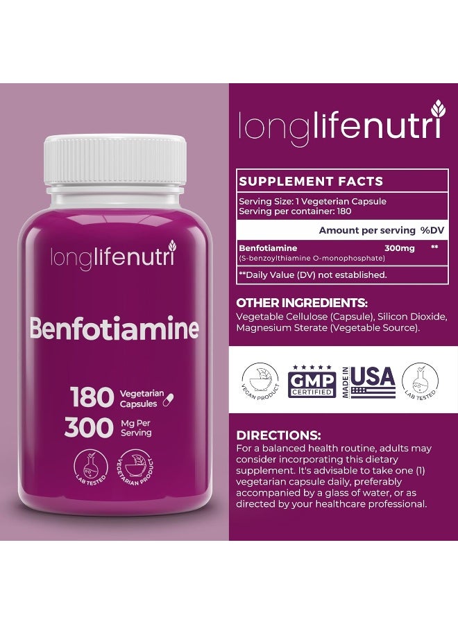 LongLifeNutri Benfotiamine 300mg – 180 Vegetarian Capsules, 6-Month Supply, Fat-Soluble B1 Thiamine Supplement for Energy and Wellness, Lab Tested, Made in USA - Image 2