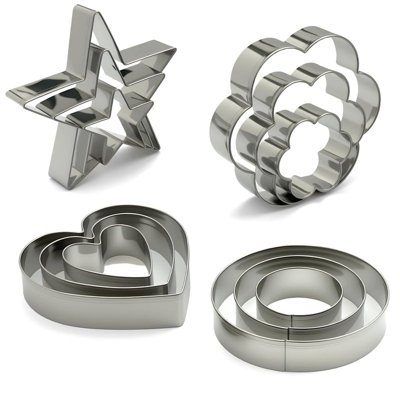 VTUGP Stainless Steel Cookie Cutters Set 12Pcs - Heart, Flower, Round, Five Star Shapes - Small to Mini Size, Metal Biscuit Cutter Molds for Baking or Holiday Party Decorations - Image 1