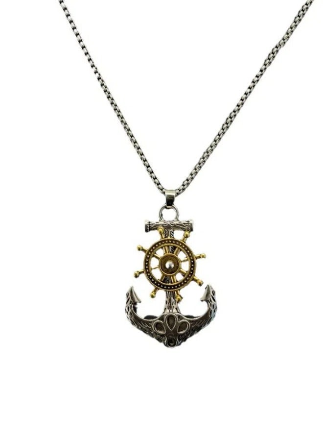 Ship Anchor Pendant With Rotatable Rudder Stainless Steel Necklace, Men's Fashionable Street Style Versatile Sweater Chain - Image 4