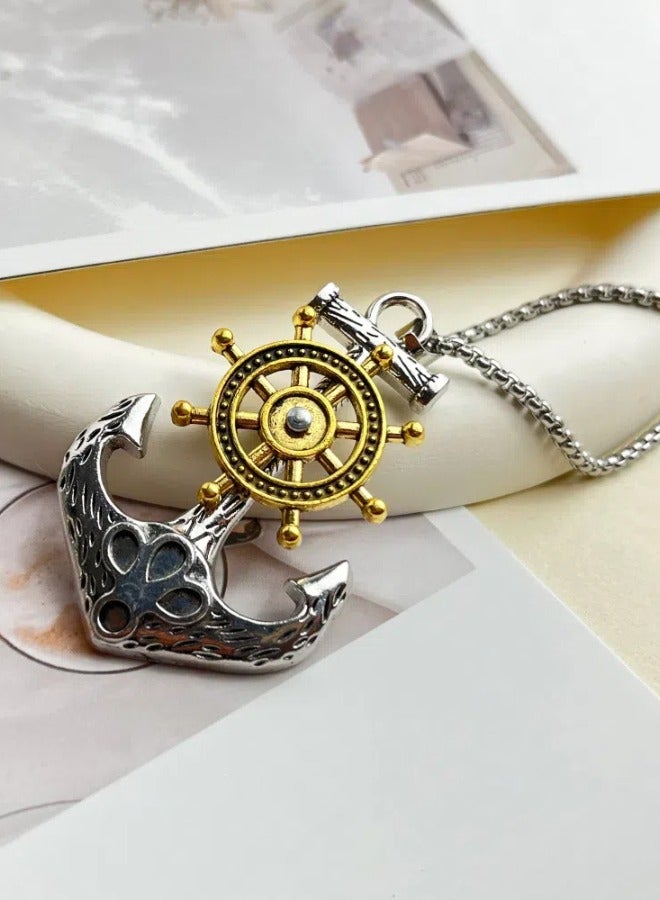 Ship Anchor Pendant With Rotatable Rudder Stainless Steel Necklace, Men's Fashionable Street Style Versatile Sweater Chain - Image 3