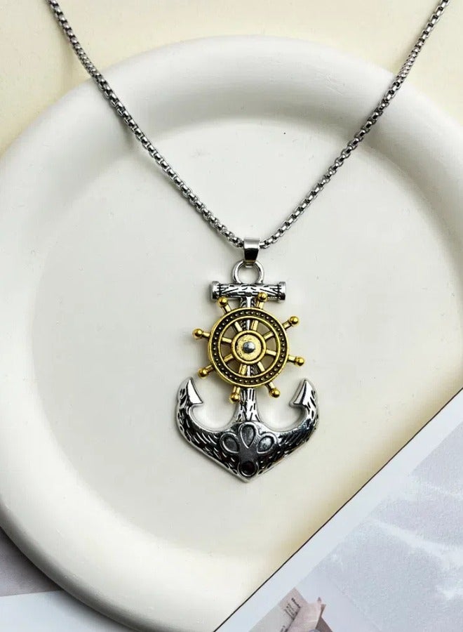 Ship Anchor Pendant With Rotatable Rudder Stainless Steel Necklace, Men's Fashionable Street Style Versatile Sweater Chain - Image 2