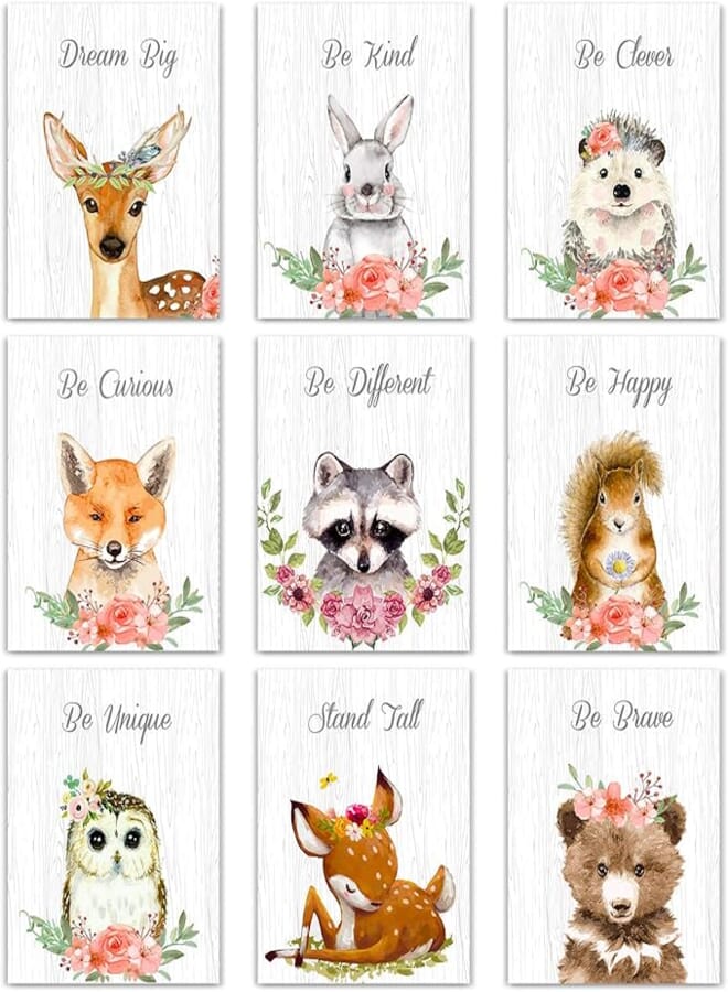 Outus 9 Pieces Woodland Nursery Wall Art Prints Cute Woodland Floral Crown Animals Motivational Posters Pictures Wall Decor for Baby Kids Room Home Decorations (Unframed, 8 x 10 Inch)