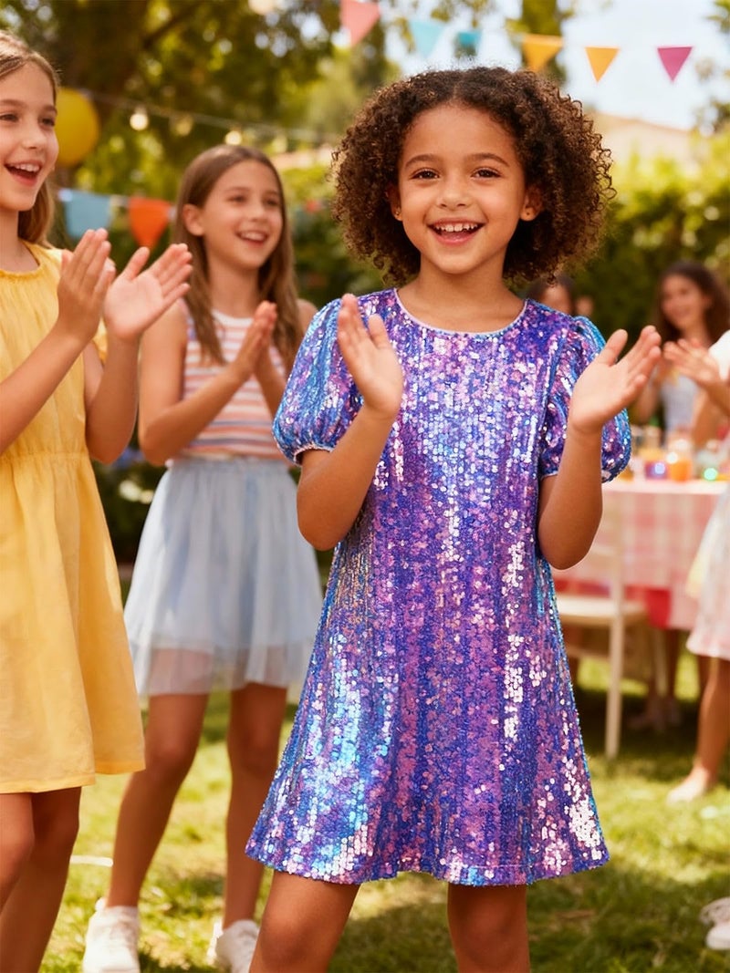 WELAKEN Girls Sequin Dress Sparkly Fancy Short Puff Sleeves Gradient Party Dress - Image 3