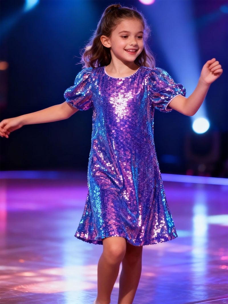WELAKEN Girls Sequin Dress Sparkly Fancy Short Puff Sleeves Gradient Party Dress - Image 4