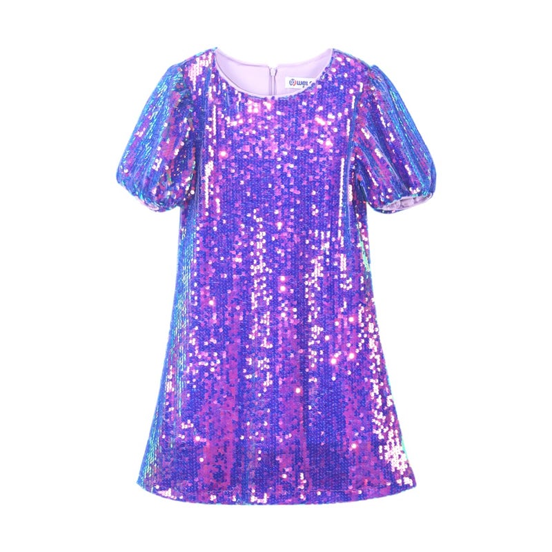 WELAKEN Girls Sequin Dress Sparkly Fancy Short Puff Sleeves Gradient Party Dress - Image 1