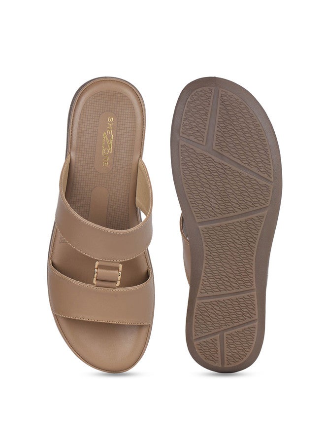 She Zone أحذية مسطحة مفتوحة من الأمام باللون البيج للنساء - Image 5