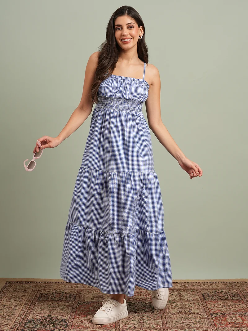 globus Globus Women Blue Square Neck Strappy Shoulder Gingham Checks Smocked Tiered Fit & Flare Maxi Resort Dress