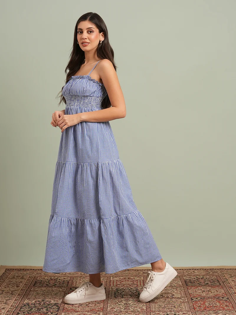 globus Globus Women Blue Square Neck Strappy Shoulder Gingham Checks Smocked Tiered Fit & Flare Maxi Resort Dress