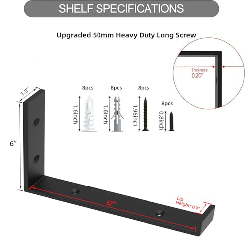 WEKIS Shelf Bracket, Heavy Duty Floating Shelf Brackets 12-Inch Long, 4-Pack Brackets for Shelves, Black Coated J Shape Metal Wall Shelf Support Brackets with 1/5-Inch Thick and 160 lb. Load Capacity - Image 4