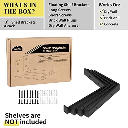 WEKIS Shelf Bracket, Heavy Duty Floating Shelf Brackets 12-Inch Long, 4-Pack Brackets for Shelves, Black Coated J Shape Metal Wall Shelf Support Brackets with 1/5-Inch Thick and 160 lb. Load Capacity - Image 2