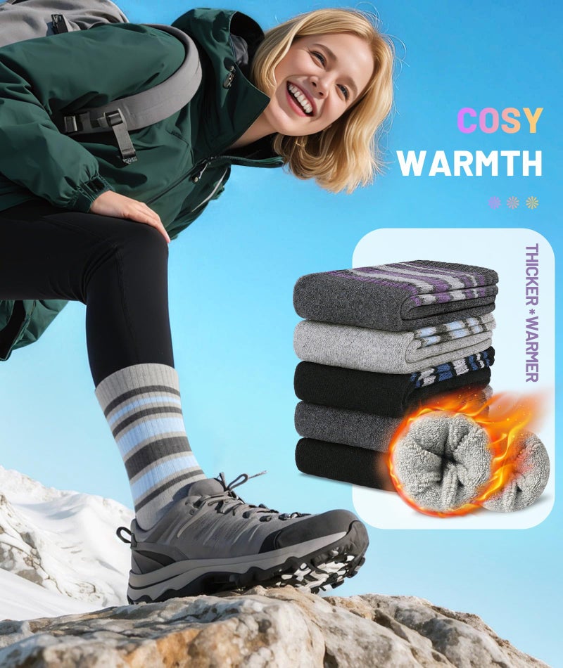 SIMIYA 5 Pairs Merino Wool Socks for Women Winter Thick Warm Hiking Socks Women Thermal Crew Cushion Socks - Image 4