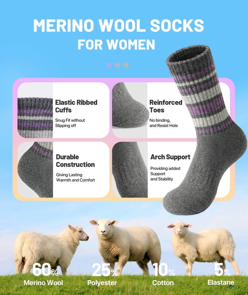 SIMIYA 5 Pairs Merino Wool Socks for Women Winter Thick Warm Hiking Socks Women Thermal Crew Cushion Socks - Image 2