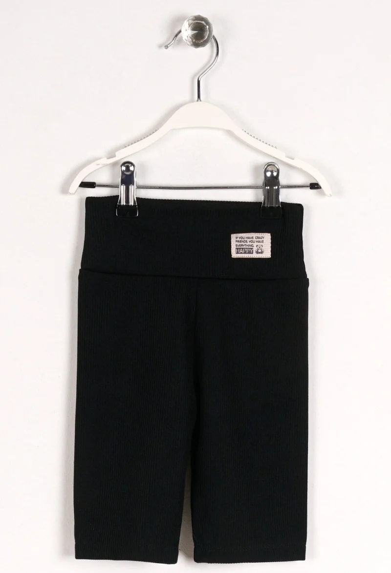 Zepkids Girl Black Color Happy Emblem Ribbed Short Tights