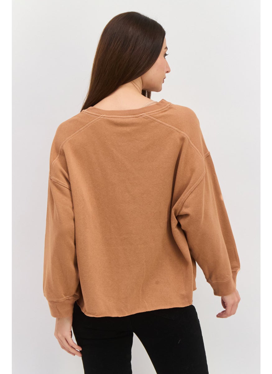 Sage Collective Women Round Neck Plain Sweatshirt, Brown  - Image 3