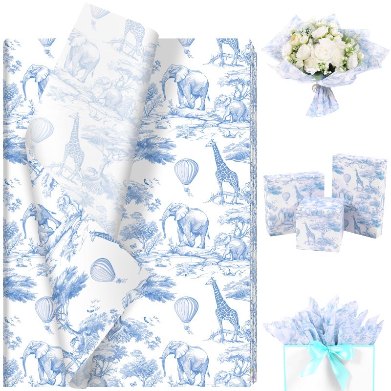 Fabllewavi 100 Sheets Africa Animals Tissue Paper, Chinoiserie Toile de Jouy Seamless Pattern Art Crafts Paper Elephant Giraffe Balloons Tissue for Birthday Baby Shower Supplies, 13.8'' x 19.7'' (Blue) - Image 1