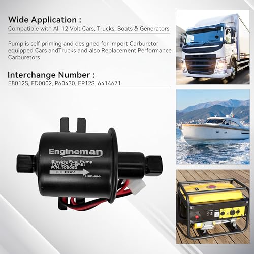 ENGINEMAN Universal Electric Fuel Pump Kit 12V 3-6 PSI Low Pressure with Fuel Filter 6.56 FT 5/16" ID Fuel Line Replacement For Carburetor Lawn Mower Gas Diesel Fuel Transfer Pump - Image 3