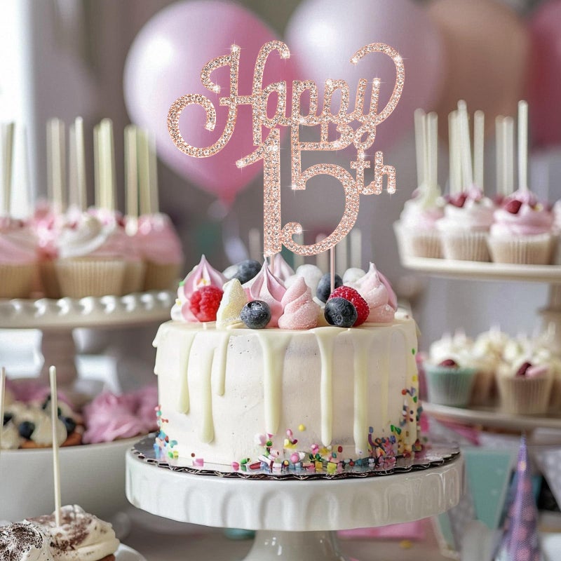 Marwey Happy 15th Rose Gold Rhinestone Cake Topper-15th Party/Anniversary Heaits to 15 year Birthdy Party Metal Metarcly Mencly Procly Decorations for Girls - Image 4