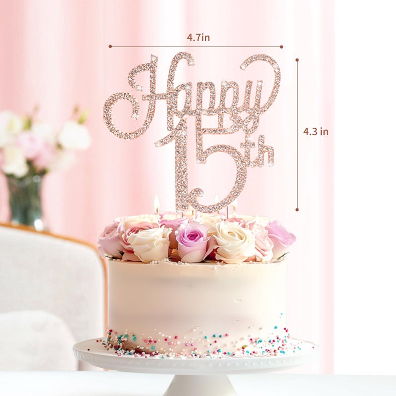 Marwey Happy 15th Rose Gold Rhinestone Cake Topper-15th Party/Anniversary Heaits to 15 year Birthdy Party Metal Metarcly Mencly Procly Decorations for Girls - Image 2