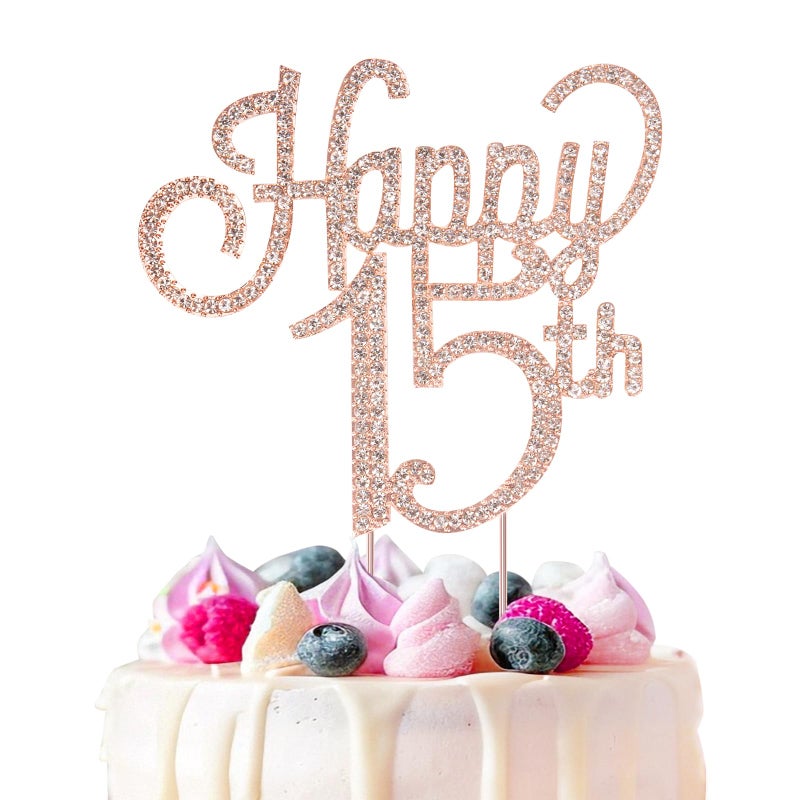 Marwey Happy 15th Rose Gold Rhinestone Cake Topper-15th Party/Anniversary Heaits to 15 year Birthdy Party Metal Metarcly Mencly Procly Decorations for Girls - Image 1