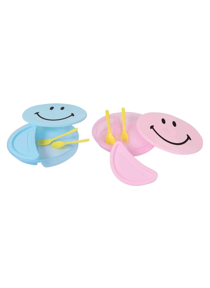 Shri Ashtavinayak Smiley Faced Oval Fancy Plastic Tiffin Boxes for Kids with Spoon and Fork (Pack of 12, Volume - 350ml)