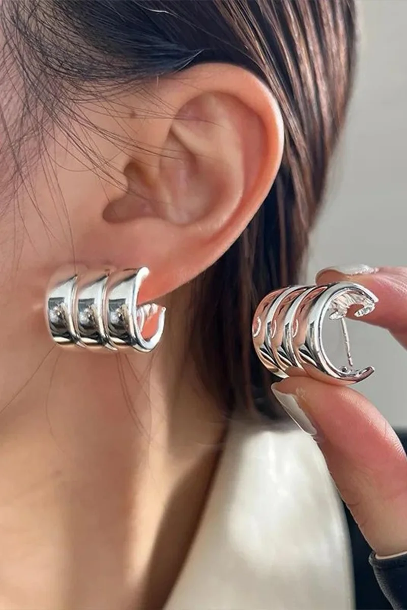 Bahels Trend Silver 3 Rows Multiple Domed Hoop Earrings