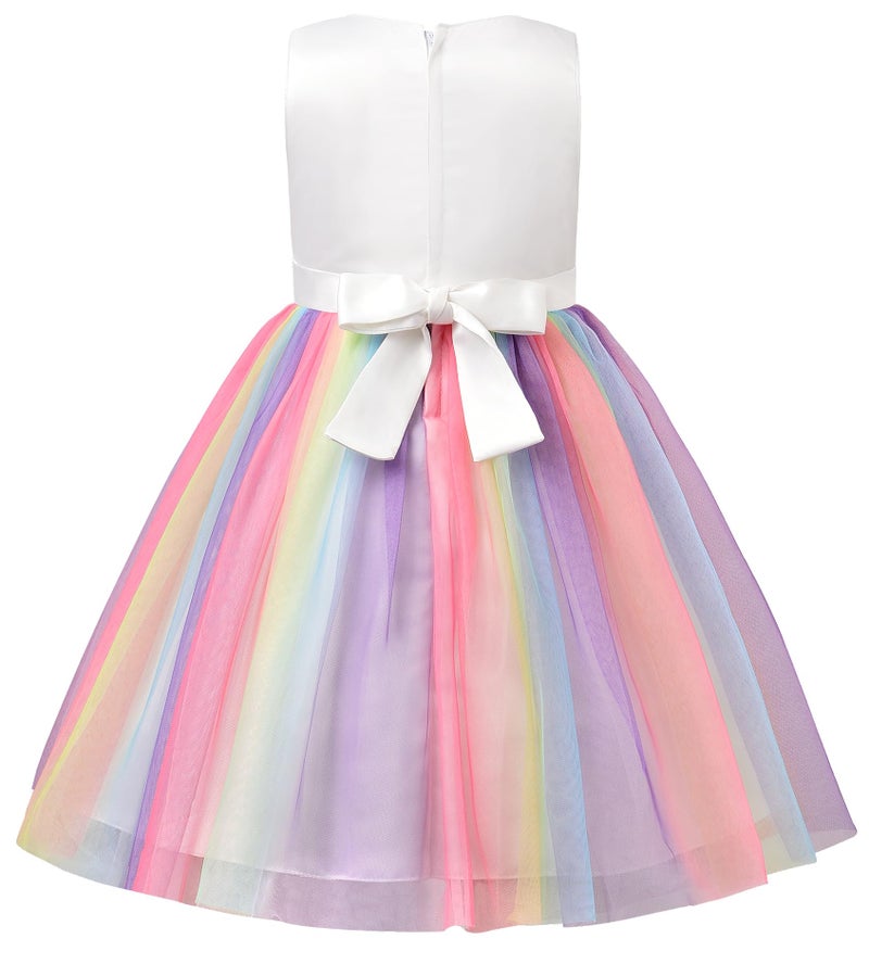 Uhnice Little Girl's Sequin Sleeveless Mesh Rainbow Dress for Wedding Party (White, 6-7/140) - Image 3