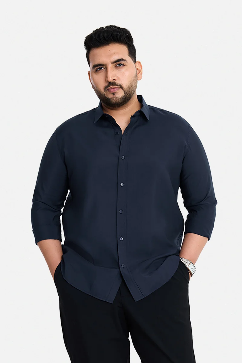 سنيتش Navy Solid Long Sleeve Regular Fit Casual Plus Size Shirt