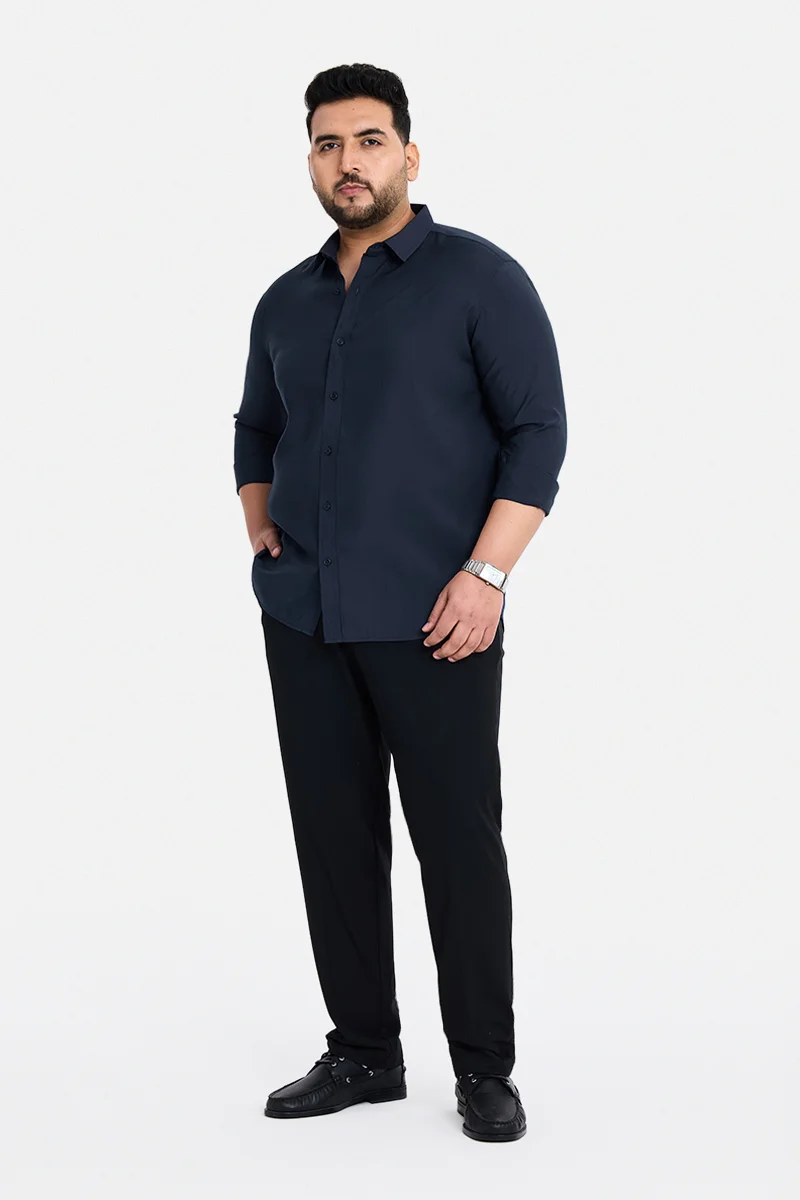 سنيتش Navy Solid Long Sleeve Regular Fit Casual Plus Size Shirt