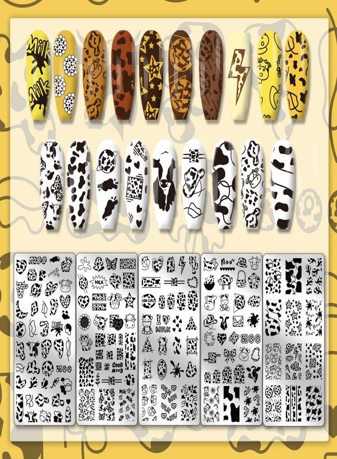 PH PandaHall 5 قطع لوحات طباعة الأظافر بتصميم بقرة قوالب فن الأظافر الحيوانية لطخات بقرة قوالب طباعة الأظافر لوحات صور الأظافر طباعة نمط الفهد لتصميم الأظافر للنساء صالون العناية بالأظافر 4.7x2.3 بوصة - Image 3