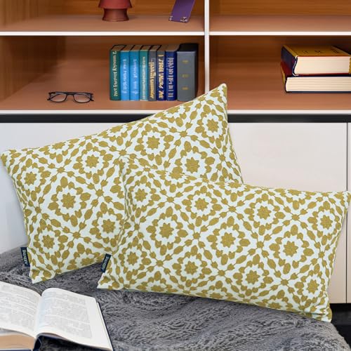 Aitliving Decorative Pillow Cover Golden Palm 12x20 Lumbar Pillow Cushion Cover Oil Yellow Trellis Mina Throw Pillow Case Dark Mustard Yellow/Ochre Gold Color 1 pc Cotton Canvas 30x50cm - Image 2