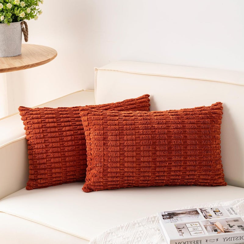 Aegero Pack of 2 Corduroy Decorative Throw Pillow Covers 12x20 InchSoft Boho Striped Pillow Covers Modern Farmhouse Home Decor for Sofa Living Room Couch Bed（Rust） - Image 1