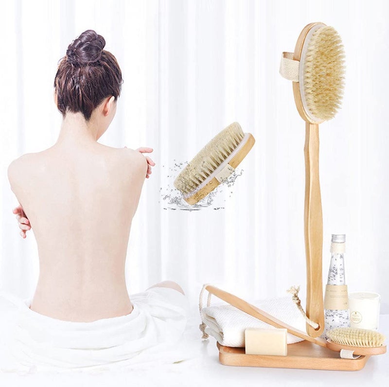 STORE77® Shower Brush with Long Handle, Back Scrubber for Shower Wooden Long Handle for Skin Exfoliating 2 in 1 Wet Dry Stiff Natural Bristles Bath Brush - Image 4