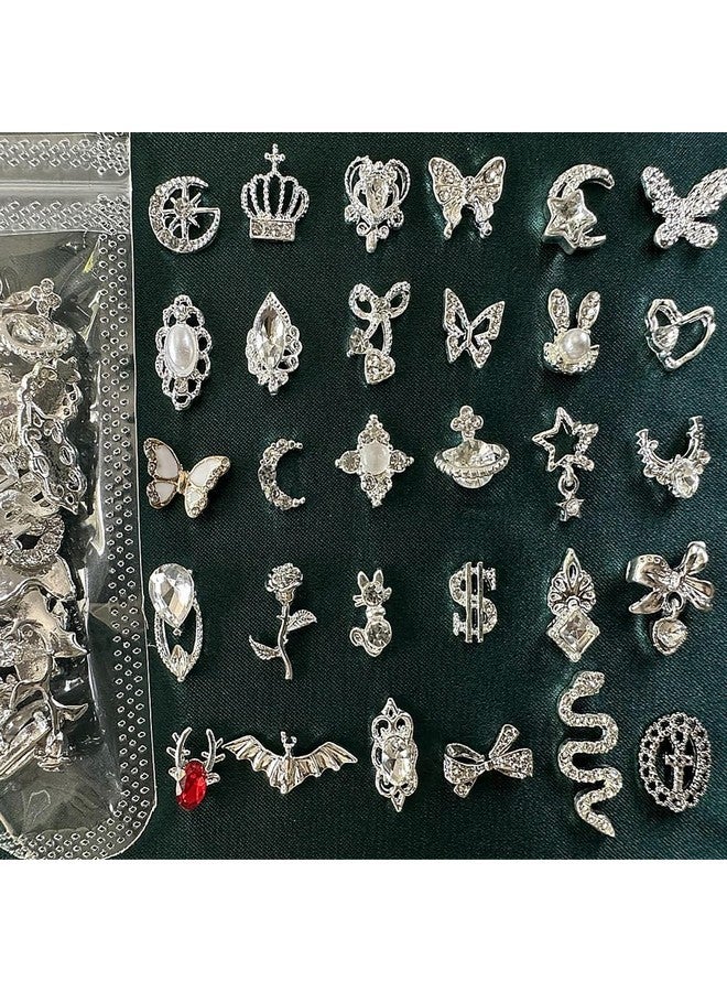 KACHIMOO 30 Pcs Nail Charms Silver Nail Charms Nail Charms Y2K Mix Styles Nail Gems Shiny Pearl Alloy Nail Rhinestones Flower Butterfly Heart Star Snake Rabbit Charms For Nails Art Diy Design - Image 4