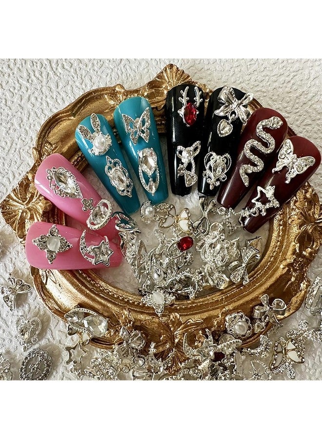KACHIMOO 30 Pcs Nail Charms Silver Nail Charms Nail Charms Y2K Mix Styles Nail Gems Shiny Pearl Alloy Nail Rhinestones Flower Butterfly Heart Star Snake Rabbit Charms For Nails Art Diy Design - Image 2