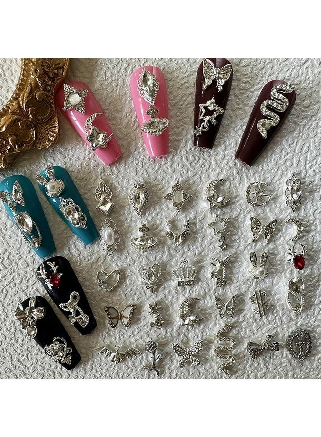 KACHIMOO 30 Pcs Nail Charms Silver Nail Charms Nail Charms Y2K Mix Styles Nail Gems Shiny Pearl Alloy Nail Rhinestones Flower Butterfly Heart Star Snake Rabbit Charms For Nails Art Diy Design - Image 3
