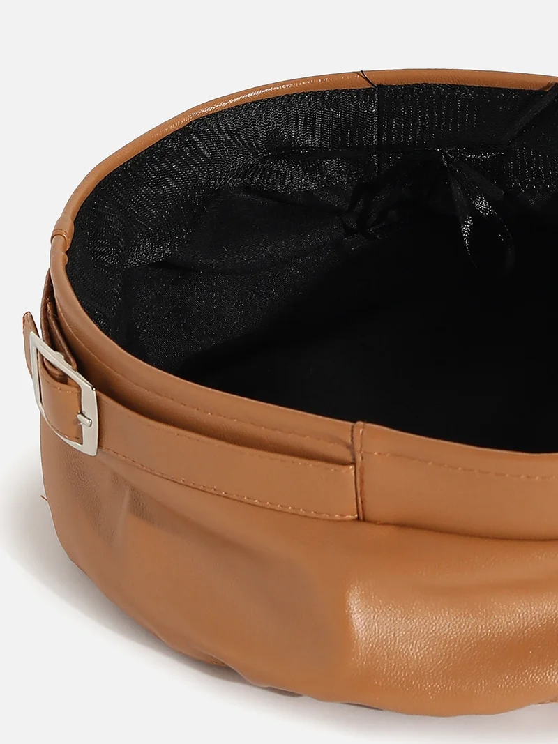 Haute Sauce Brown Solid Vegan Leather Beret Hat With Buckle Detail