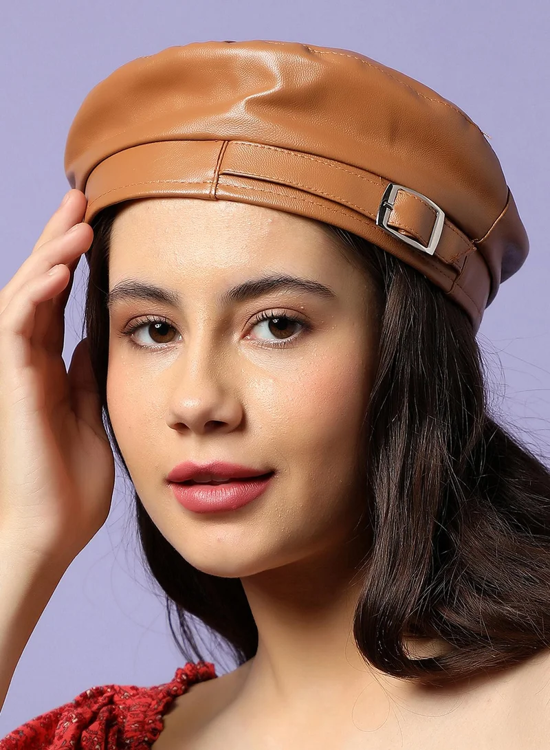 Haute Sauce Brown Solid Vegan Leather Beret Hat With Buckle Detail