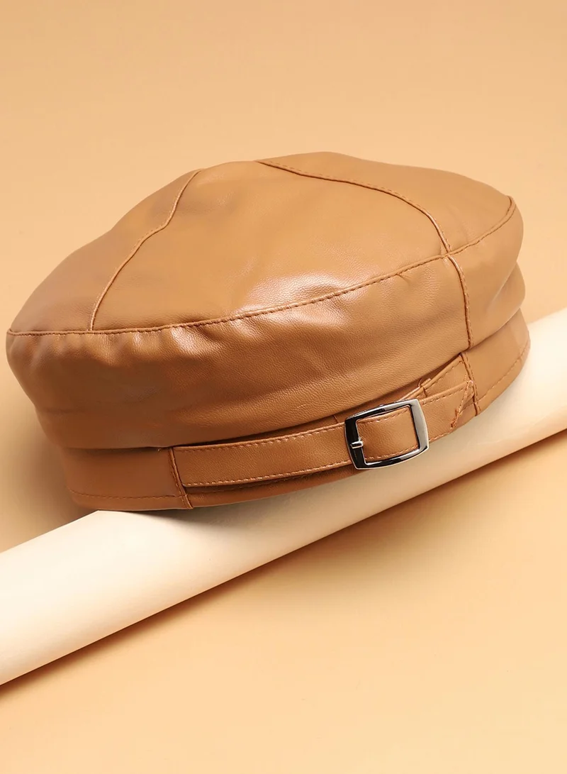 Haute Sauce Brown Solid Vegan Leather Beret Hat With Buckle Detail