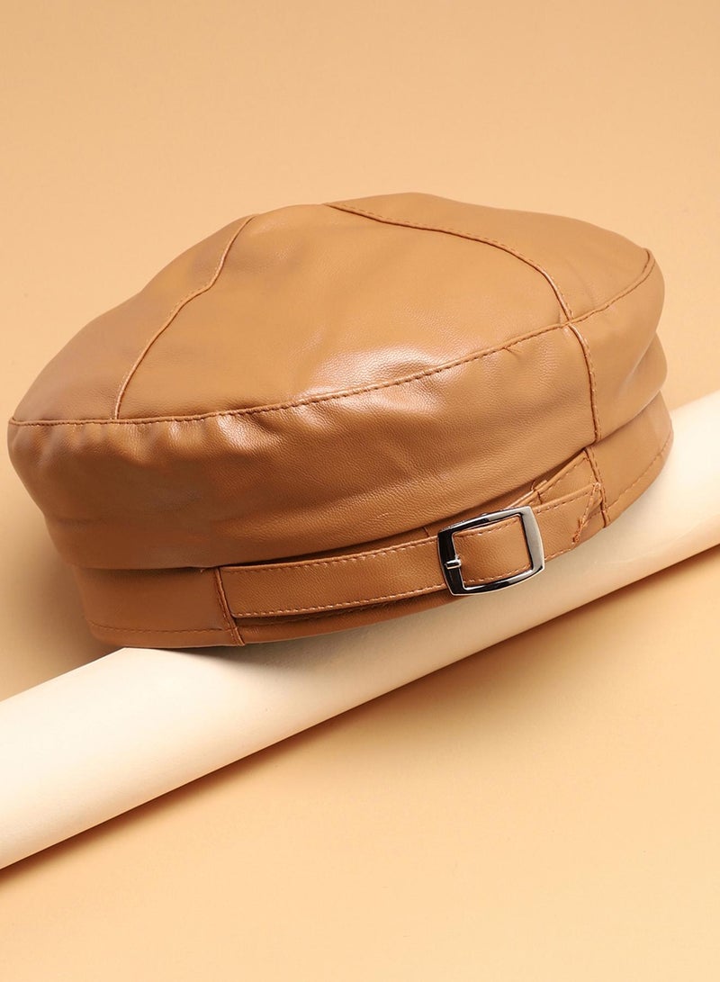 Haute Sauce Brown Solid Vegan Leather Beret Hat With Buckle Detail  - Image 5