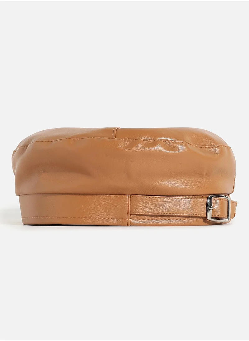 Haute Sauce Brown Solid Vegan Leather Beret Hat With Buckle Detail