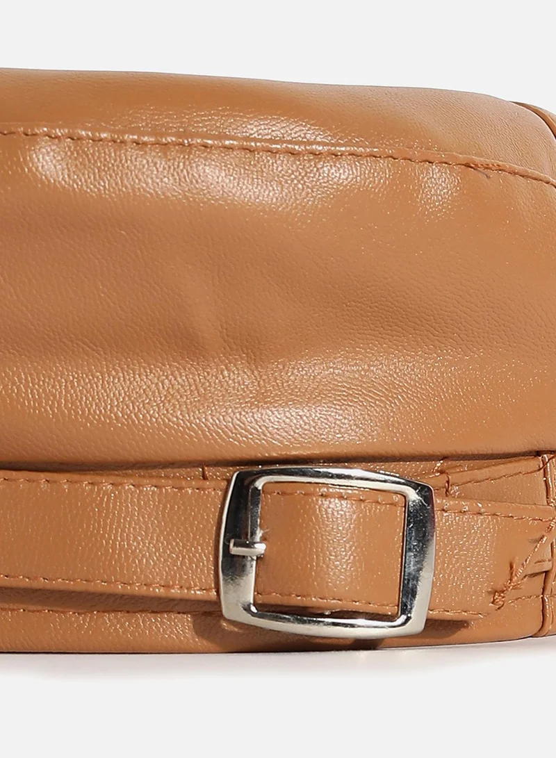 Haute Sauce Brown Solid Vegan Leather Beret Hat With Buckle Detail