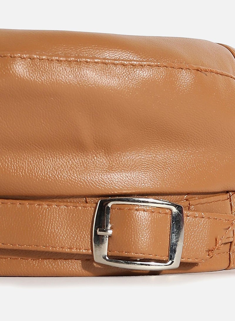 Haute Sauce Brown Solid Vegan Leather Beret Hat With Buckle Detail  - Image 3