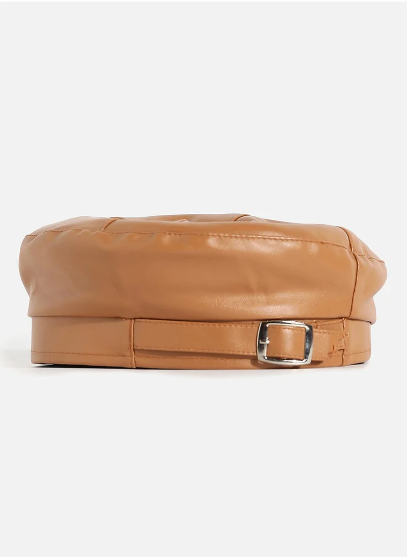 Haute Sauce Brown Solid Vegan Leather Beret Hat With Buckle Detail