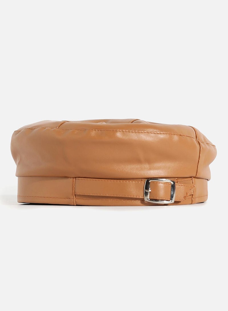 Haute Sauce Brown Solid Vegan Leather Beret Hat With Buckle Detail  - Image 1