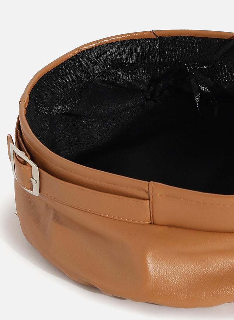 Haute Sauce Brown Solid Vegan Leather Beret Hat With Buckle Detail  - Image 4