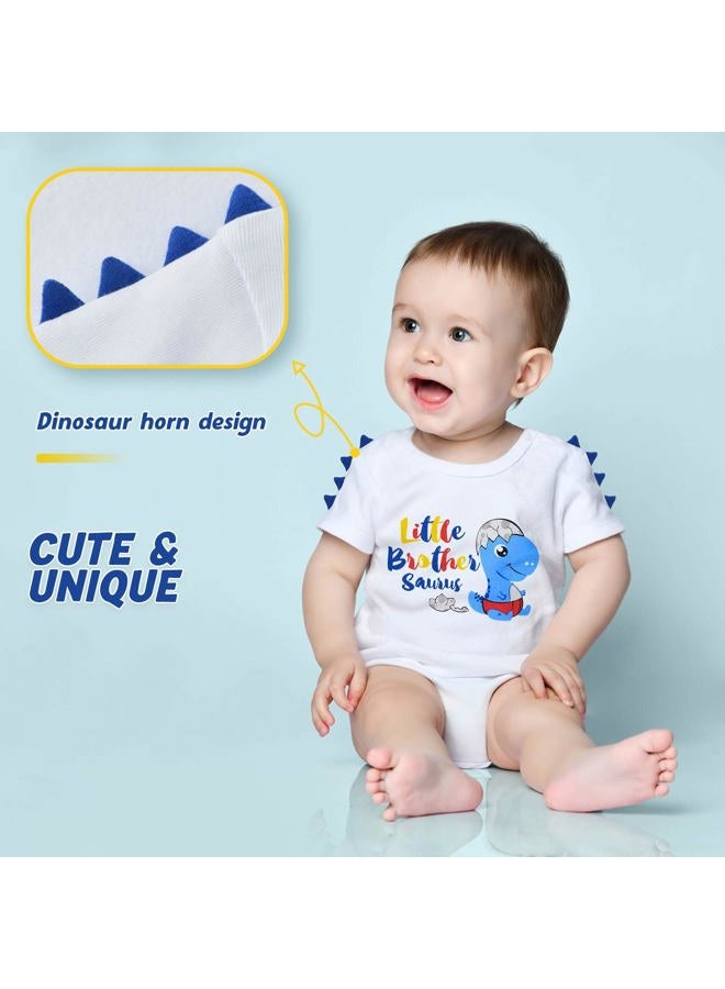WAWSAM Little Brother Saurus Bodysuit Baby Boys' Dinosaur Newborn Romper Gift Short-Sleeve 100% Cotton Printed Dino Outfit White Little Bro. T-Rex Jumpsuit (White, 0-3 Months) - Image 3