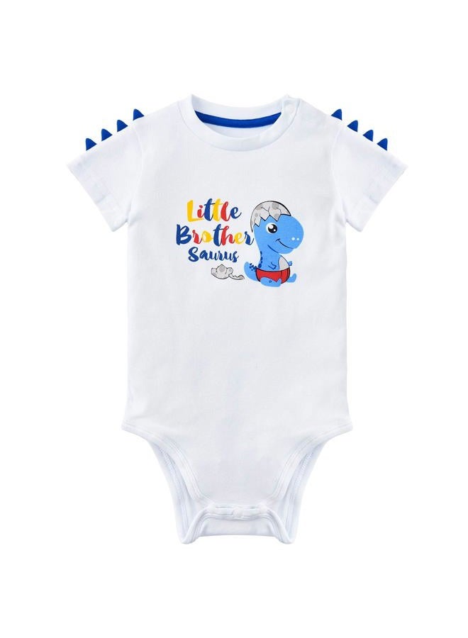 WAWSAM Little Brother Saurus Bodysuit Baby Boys' Dinosaur Newborn Romper Gift Short-Sleeve 100% Cotton Printed Dino Outfit White Little Bro. T-Rex Jumpsuit (White, 0-3 Months) - Image 1